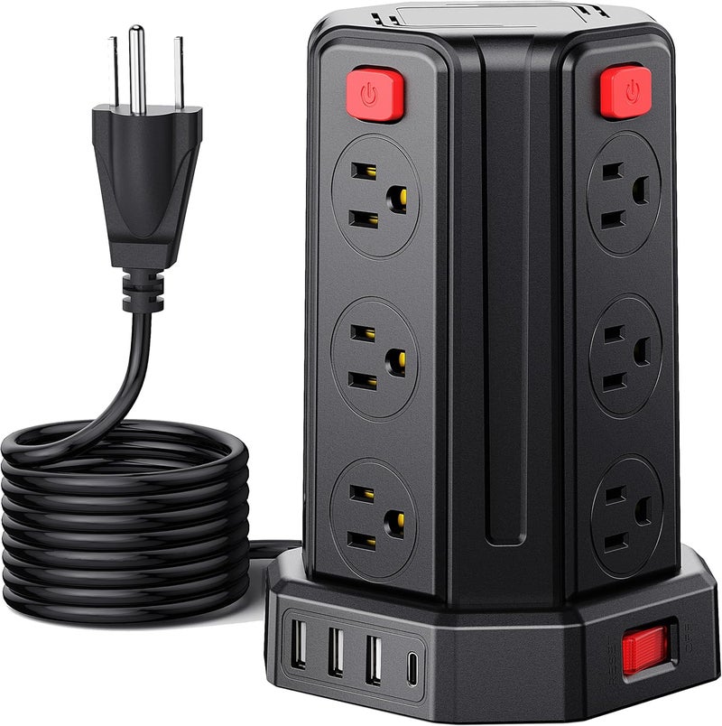 SMALLRT Power Strip Surge Protector, 10 Ft Extension Cord with 12 AC Multiple Outlets 4 USB (1 USB C), Power Tower Desktop Charging Station (Black, 16.4 FT) - Image 1